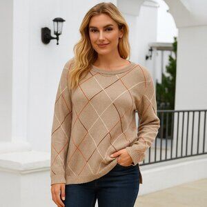 OLSEN | Caramel Brown & Orange Argyle Crewneck Sweater  - Size 12